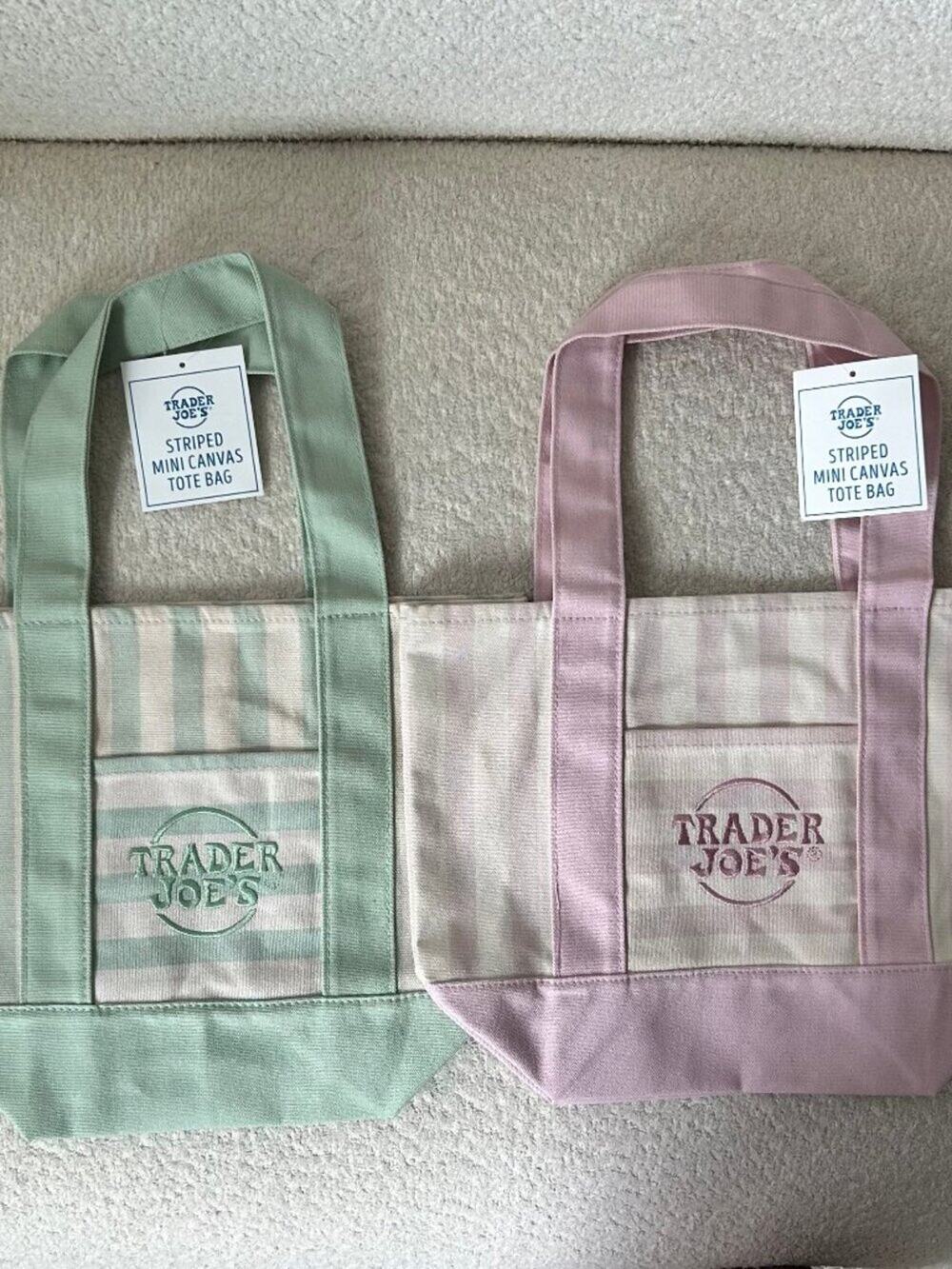 Trader Joe's Set of 2 Striped Mini Canvas Tote Bags Pink & Mint NWT